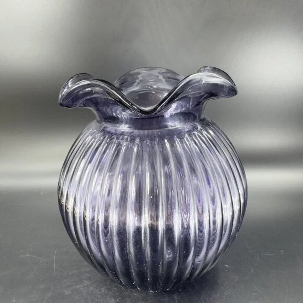 Hand Blown Art Glass‎ Purple Amethyst Vase Round Bottom Wavy Edge On Top Vintage